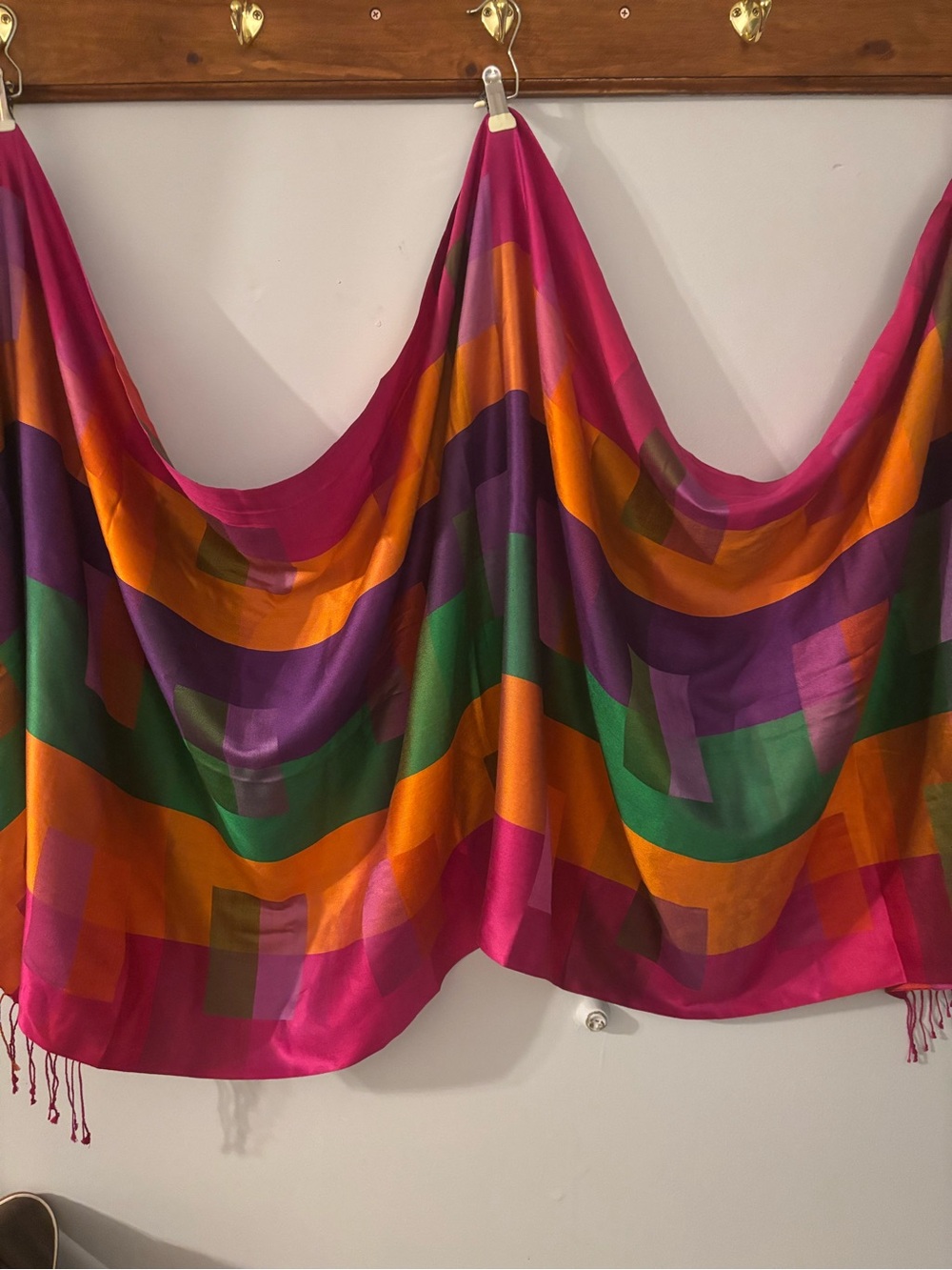 Vibrant Multicolor Geometric 100% Silk Scarf - Fuchsia, Orange, Green, Purple